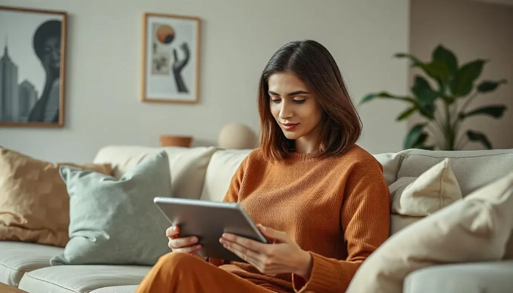 A South Asian woman with brown hair using a tablet to work from home