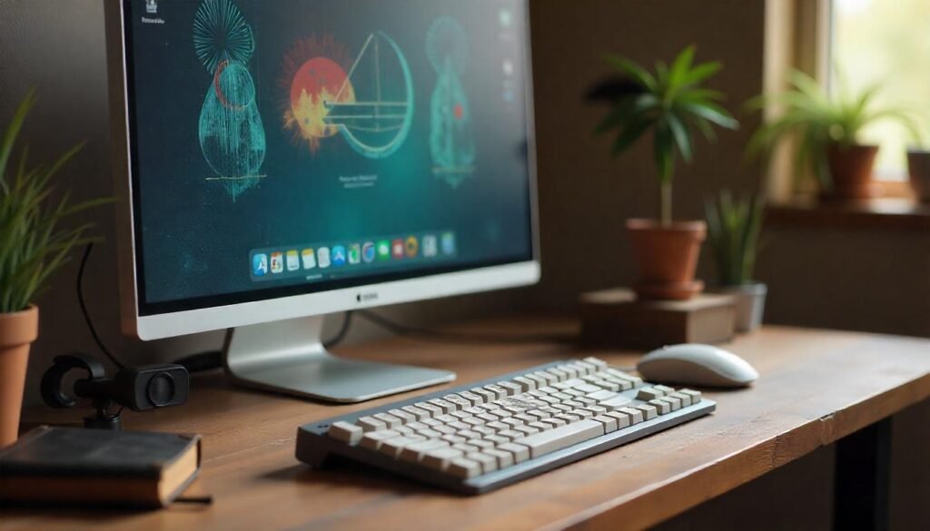 A desk at home with a monitor, keyboard, mouse, and camera