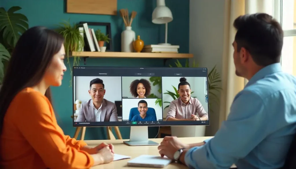 A video conference meeting in progress with two people at a desk and four people joining via video